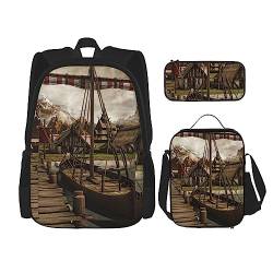 Old Viking Boot Rucksack Personalisierte Reisetasche Mit Mittagessen Tasche Federmäppchen Set von 3 Stück, Schwarz , Einheitsgröße, Daypack Rucksäcke von PEIXEN