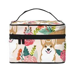 PEIXEN Corgi Blumen Frühling Garten Make-up Tasche Kosmetiktasche Tragbare Kulturtasche Aufbewahrung Organizer Reise Make-up Tasche für Frauen, Schwarz, Einheitsgröße, Schwarz , Einheitsgröße von PEIXEN