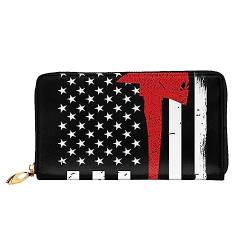 PEIXEN Red Line Firefighter USA Flagge Leder Geldbörse Kreditkartenetui Geldbörse Reißverschluss um Lange Münzbörse Handy Clutch, Schwarz, Einheitsgröße, kompakt, Schwarz , Einheitsgröße, Kompakt von PEIXEN