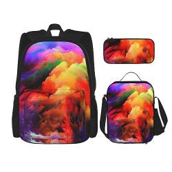 Rainbow Cloud Rucksack-Set 3-teilig mit Lunch-Tasche Federmäppchen Reise Tagesrucksack Mittagessen Tasche Federmäppchen Kombination, Schwarz , Einheitsgröße, Daypack Rucksäcke von PEIXEN