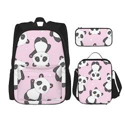 Rosa Panda Rucksack Personalisierte Reisetasche Mit Mittagessen Tasche Federmäppchen Set von 3 Stück, Schwarz , Einheitsgröße, Daypack Rucksäcke von PEIXEN