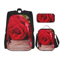 Rose auf altem Holzbrett Rucksack Personalisierte Reisetasche Mit Mittagessen Tasche Federmäppchen Set von 3 Stück, Schwarz , Einheitsgröße, Daypack Rucksäcke von PEIXEN