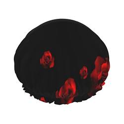 Rote Rose Schwarzer Hintergrund Duschhauben Doppelte Wasserdichte Badekappen Elastische Wiederverwendbare Bademütze für Frauen Langes Haar von PEIXEN