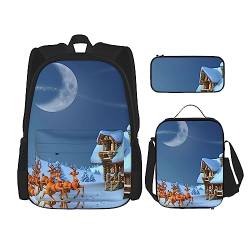 Rucksack Weihnachtsmann mit Rentier personalisiert Reisetasche mit Lunchtasche Federmäppchen Set von 3 Stück, Schwarz , Einheitsgröße, Daypack Rucksäcke von PEIXEN