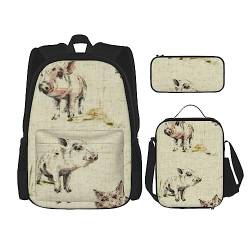 Rucksack mit Schweine-Hintergrund, personalisiert, Reisetasche mit Lunch-Tasche, Federmäppchen Set von 3 Stück, Schwarz , Einheitsgröße, Daypack Rucksäcke von PEIXEN