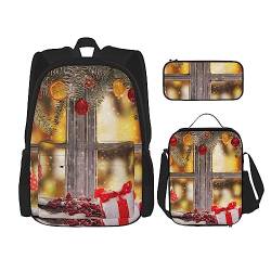 Rucksack mit Weihnachtsbildern, personalisiert, Reisetasche mit Lunch-Tasche, Federmäppchen, 3-teiliges Set, Schwarz , Einheitsgröße, Daypack Rucksäcke von PEIXEN