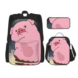 Rucksack mit niedlichem Schweinemuster, personalisiert, Reisetasche mit Lunch-Tasche, Federmäppchen Set von 3 Stück, Schwarz , Einheitsgröße, Daypack Rucksäcke von PEIXEN