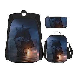Segelboot-Rucksack, personalisiert, Reisetasche mit Lunch-Tasche, Federmäppchen, 3-teiliges Set, Schwarz , Einheitsgröße, Daypack Rucksäcke von PEIXEN