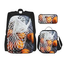 Verstreute orange Früchte Rucksack Personalisierte Reisetasche Mit Mittagessen Tasche Federmäppchen Set von 3 Stück, Schwarz , Einheitsgröße, Daypack Rucksäcke von PEIXEN