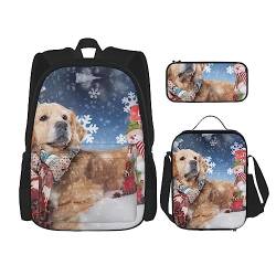 Weihnachts-Rucksack mit niedlichem Hund und Schneemann, personalisiert, Reisetasche mit Lunch-Tasche, Federmäppchen, 3-teiliges Set, Schwarz , Einheitsgröße, Daypack Rucksäcke von PEIXEN