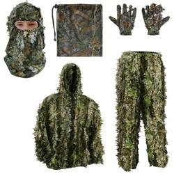 PELLOR 3D Ghillie Tarnanzug, Dschungel Ghillie Suit Woodland Camouflage Anzug Kleidung mit Camouflage Kappen Handschuhe für Jagd Verdeckt Halloween von PELLOR