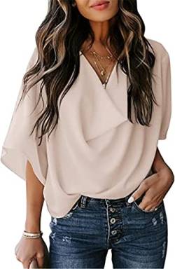 PEOD Chiffon Bluse Damen Elegante Wasserfallausschnitt Oberteile Hemd Sommer Fledermausärmel Große Größen Locker T-Shirts Tops Einfarbig Leicht Bequem Tunikahemd Blusentop Aprikose gr 38 von PEOD