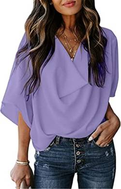 PEOD Chiffon Bluse Damen Elegante Wasserfallausschnitt Oberteile Hemd Sommer Fledermausärmel Große Größen Locker T-Shirts Tops Einfarbig Leicht Bequem Tunikahemd Blusentop Lila gr 38 von PEOD