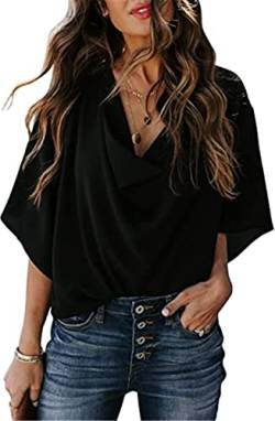 PEOD Chiffon Bluse Damen Elegante Wasserfallausschnitt Oberteile Hemd Sommer Fledermausärmel Große Größen Locker T-Shirts Tops Einfarbig Leicht Bequem Tunikahemd Blusentop Schwarz gr 42 von PEOD