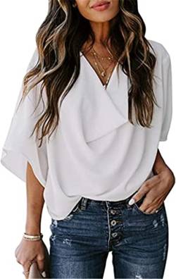 PEOD Chiffon Bluse Damen Elegante Wasserfallausschnitt Oberteile Hemd Sommer Fledermausärmel Große Größen Locker T-Shirts Tops Einfarbig Leicht Bequem Tunikahemd Blusentop Weiss gr 42 von PEOD