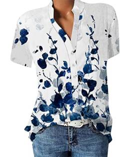 PEOD Damen Blumen Muster Vintage T-Shirt Hemd mit Knopfleiste Sommer Oversized Kurzarm V-Ausschnitt Elegant Bluse Oberteile Shirts Plus Size Weiss gr 44 von PEOD