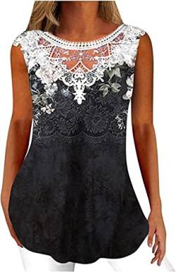 PEOD Damen Bluse Spitze Blumen Drucken Elegante Tank Top Camisole Unterhemd Sommer Ärmellos Rundhals Blumenmuster Bequem Spitzentop Oberteile Cami Shirts Große Größen gr 44 Grau von PEOD