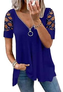 PEOD Damen Cut Out Oberteile Sommer Oversized Kurzarm Schulterfrei Tunika Tops Bluse mit Reißverschluss Tiefer V-Ausschnitt Plissee Lose T Shirts Hemd Übergröße Blau gr 38 von PEOD