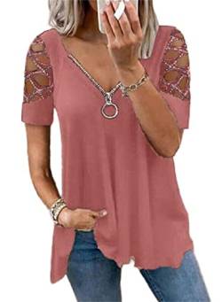 PEOD Damen Cut Out Oberteile Sommer Oversized Kurzarm Schulterfrei Tunika Tops Bluse mit Reißverschluss Tiefer V-Ausschnitt Plissee Lose T Shirts Hemd Übergröße Rosa gr 42 von PEOD