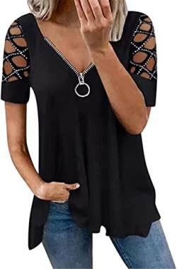 PEOD Damen Cut Out Oberteile Sommer Oversized Kurzarm Schulterfrei Tunika Tops Bluse mit Reißverschluss Tiefer V-Ausschnitt Plissee Lose T Shirts Hemd Übergröße Schwarz gr 40 von PEOD