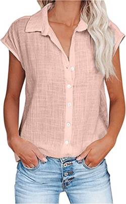 PEOD Damen Elegante Leinen Top T-Shirt mit Knopfleiste Sommer Oversized Kurzarm Reverskragen Lose Leinenhemd Leinenbluse Casual Einfarbig Große Größe Oberteile Shirts gr 40 Rosa von PEOD