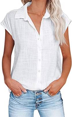 PEOD Damen Elegante Leinen Top T-Shirt mit Knopfleiste Sommer Oversized Kurzarm Reverskragen Lose Leinenhemd Leinenbluse Casual Einfarbig Große Größe Oberteile Shirts gr 40 Weiss von PEOD