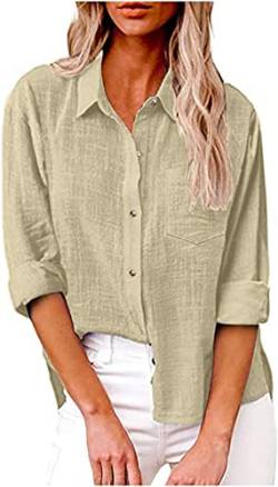 PEOD Damen Leinen Hemd T Shirt mit Knopfleiste Tasche Sommer Oversized Kurzarm Reverskragen Elegant Shirts Bluse Oberteile Einfarbig Basic Unterhemd Top Plus Size Aprikose gr 34 von PEOD