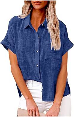 PEOD Damen Leinen Hemd T Shirt mit Knopfleiste Tasche Sommer Oversized Kurzarm Reverskragen Elegant Shirts Bluse Oberteile Einfarbig Basic Unterhemd Top Plus Size Blau gr 42 von PEOD