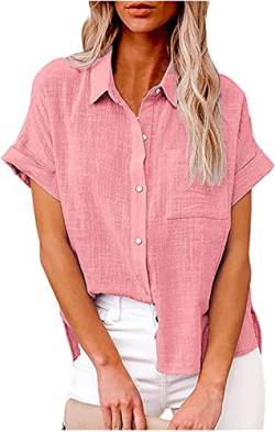 PEOD Damen Leinen Hemd T Shirt mit Knopfleiste Tasche Sommer Oversized Kurzarm Reverskragen Elegant Shirts Bluse Oberteile Einfarbig Basic Unterhemd Top Plus Size Rosa gr 38 von PEOD