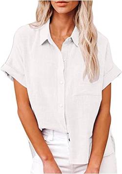 PEOD Damen Leinen Hemd T Shirt mit Knopfleiste Tasche Sommer Oversized Kurzarm Reverskragen Elegant Shirts Bluse Oberteile Einfarbig Basic Unterhemd Top Plus Size Weiss gr 40 von PEOD