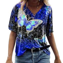 PEOD Damen Oberteile Oversized Schmetterling Blumen Muster Vintage Bluse Tunika Top Streetwear Sommer Kurzarm V-Ausschnitt Große Größe Lose T-Shirt Hemd Blau gr 42 von PEOD