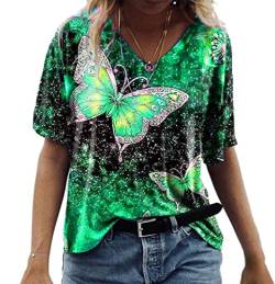 PEOD Damen Oberteile Oversized Schmetterling Blumen Muster Vintage Bluse Tunika Top Streetwear Sommer Kurzarm V-Ausschnitt Große Größe Lose T-Shirt Hemd Grün gr 48 von PEOD