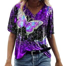 PEOD Damen Oberteile Oversized Schmetterling Blumen Muster Vintage Bluse Tunika Top Streetwear Sommer Kurzarm V-Ausschnitt Große Größe Lose T-Shirt Hemd Lila gr 40 von PEOD