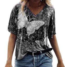 PEOD Damen Oberteile Oversized Schmetterling Blumen Muster Vintage Bluse Tunika Top Streetwear Sommer Kurzarm V-Ausschnitt Große Größe Lose T-Shirt Hemd Schwarz gr 42 von PEOD