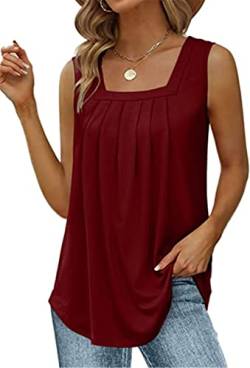 PEOD Damen Oversized Ärmellos U-Ausschnitt Plissee Elegante Tank Top Unterhemd Oberteile Große Größen Einfarbig Falten Locker Sommerhemd Bluse Cami Shirts Leibchen Weste gr 40 Rot von PEOD