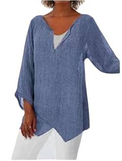 PEOD Damen Oversized Leinen Hemd Tunika Top Sommer Langarm V-Ausschnitt Elegant Mollige Oberteile Bluse Große Größe Einfarbig Asymmetrisch Langarmshirts Unterhemd Plus Size Blau gr 46 von PEOD