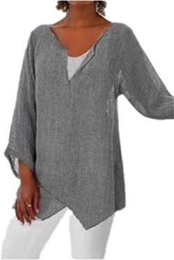 PEOD Damen Oversized Leinen Hemd Tunika Top Sommer Langarm V-Ausschnitt Elegant Mollige Oberteile Bluse Große Größe Einfarbig Asymmetrisch Langarmshirts Unterhemd Plus Size Grau gr 38 von PEOD