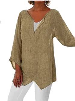 PEOD Damen Oversized Leinen Hemd Tunika Top Sommer Langarm V-Ausschnitt Elegant Mollige Oberteile Bluse Große Größe Einfarbig Asymmetrisch Langarmshirts Unterhemd Plus Size Khaki gr 46 von PEOD