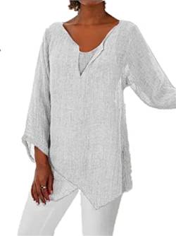 PEOD Damen Oversized Leinen Hemd Tunika Top Sommer Langarm V-Ausschnitt Elegant Mollige Oberteile Bluse Große Größe Einfarbig Asymmetrisch Langarmshirts Unterhemd Plus Size Weiss gr 44 von PEOD