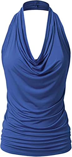 PEOD Damen Sexy Tank Top Wasserfallausschnitt Rückenfrei Unterhemd Oberteile Sommer Ärmellos Einfarbig Plissee Locker T-Shirts Bluse Weste Leibchen gr 36 Blau von PEOD