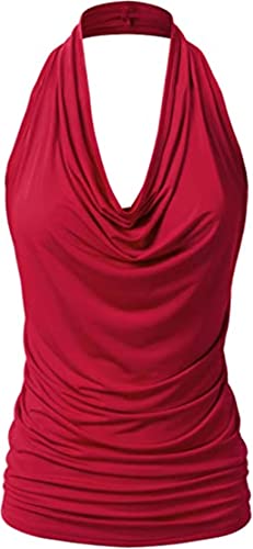 PEOD Damen Sexy Tank Top Wasserfallausschnitt Rückenfrei Unterhemd Oberteile Sommer Ärmellos Einfarbig Plissee Locker T-Shirts Bluse Weste Leibchen gr 38 Rot von PEOD