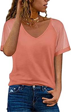 PEOD Damen Spitzentop Sommer Kurzarm V-Ausschnitt Spitze Bluse Oberteile Casual Einfarbig Locker Shirts Kurzarmhemd Tunika Tops Rosa gr 42 von PEOD