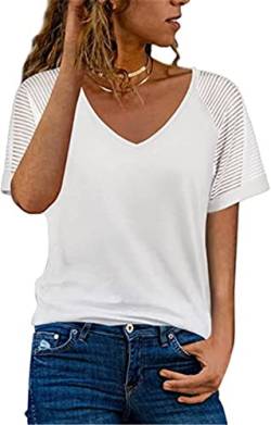 PEOD Damen Spitzentop Sommer Kurzarm V-Ausschnitt Spitze Bluse Oberteile Casual Einfarbig Locker Shirts Kurzarmhemd Tunika Tops Weiss gr 42 von PEOD