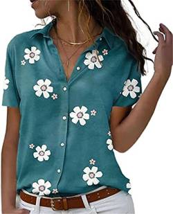 PEOD Shirts Damen Elegante Blumenmuster Bluse Oberteile mit Knopfleiste Sommer Kurzarm Reverskragen Oversize Lose T-Shirt Tops Tunikahemd Blau gr 5XL von PEOD