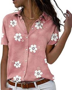 PEOD Shirts Damen Elegante Blumenmuster Bluse Oberteile mit Knopfleiste Sommer Kurzarm Reverskragen Oversize Lose T-Shirt Tops Tunikahemd Rosa gr M von PEOD