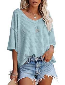 PEOD Strickhemd Damen Kurzarm Elegante Oberteile Oversize Fledermausärmel Strick Tops Bluse Sommer V-Ausschnitt Einfarbig Lose Tunikahemd Blusentops T-Shirts Blau gr 36 von PEOD