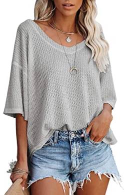 PEOD Strickhemd Damen Kurzarm Elegante Oberteile Oversize Fledermausärmel Strick Tops Bluse Sommer V-Ausschnitt Einfarbig Lose Tunikahemd Blusentops T-Shirts Grau gr 34 von PEOD