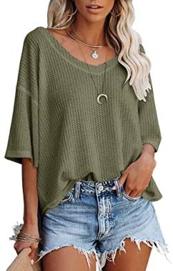 PEOD Strickhemd Damen Kurzarm Elegante Oberteile Oversize Fledermausärmel Strick Tops Bluse Sommer V-Ausschnitt Einfarbig Lose Tunikahemd Blusentops T-Shirts Grün gr 42 von PEOD