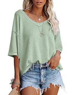 PEOD Strickhemd Damen Kurzarm Elegante Oberteile Oversize Fledermausärmel Strick Tops Bluse Sommer V-Ausschnitt Einfarbig Lose Tunikahemd Blusentops T-Shirts Grün gr 42 von PEOD