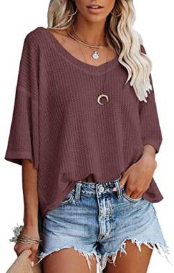 PEOD Strickhemd Damen Kurzarm Elegante Oberteile Oversize Fledermausärmel Strick Tops Bluse Sommer V-Ausschnitt Einfarbig Lose Tunikahemd Blusentops T-Shirts Rot gr 42 von PEOD